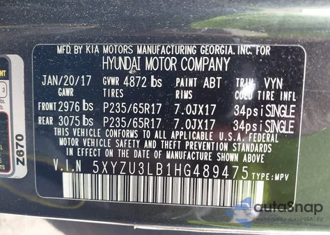 2017 Hyundai Santa Fe Sport 2.4L из США, поврежденный, VIN 5XYZU3LB1HG489475